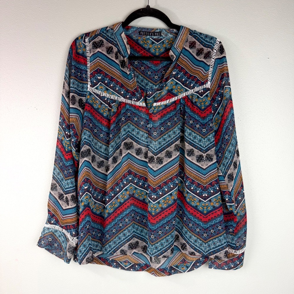 Potters Pot Womens Large Geometric Chevron‎ Print Blouse Blue Red H70078-CF752